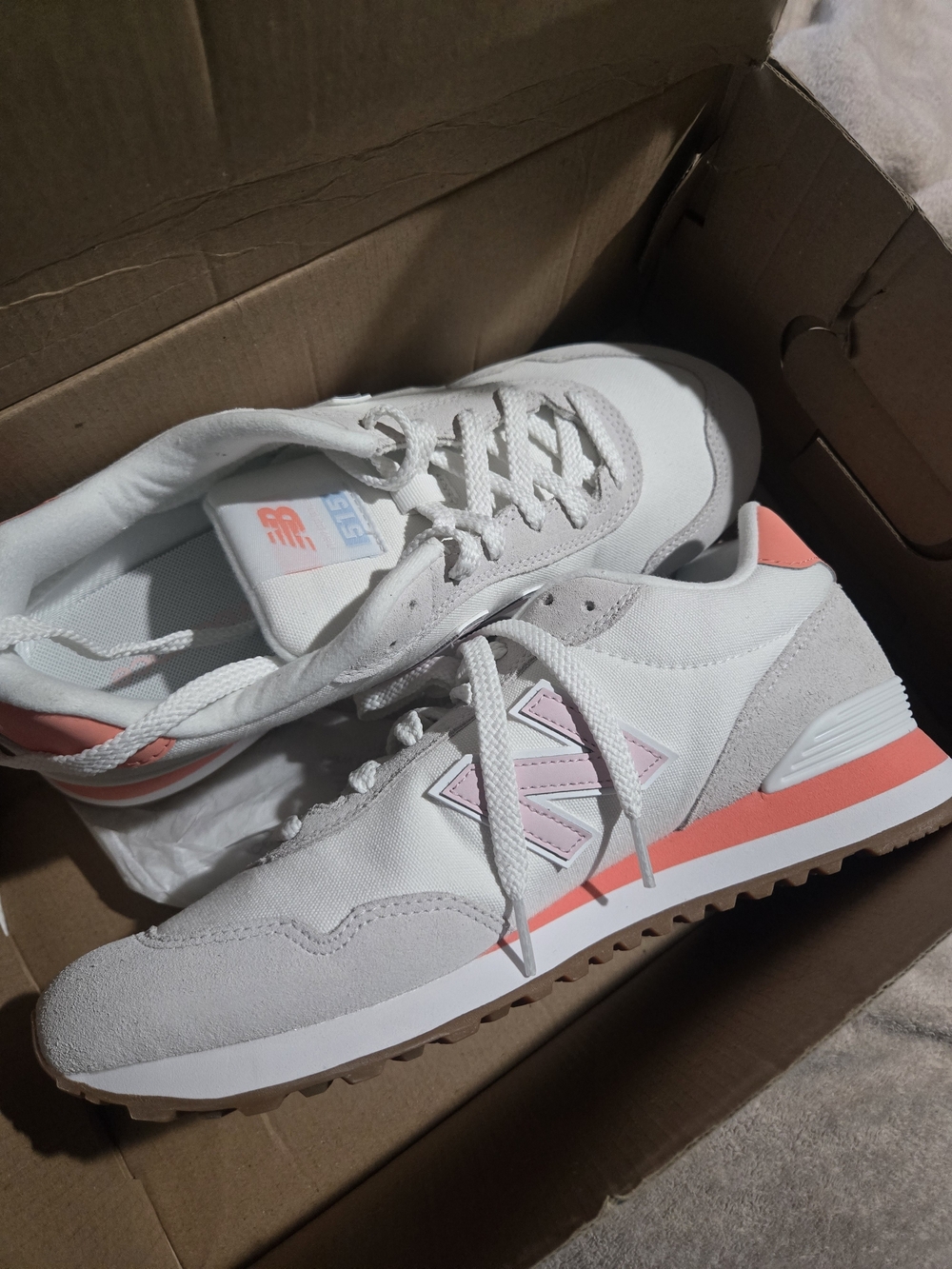 New Balance 515 White Sneakers with Coral Logo Accent - Picture 5 of 13